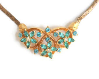 Gold Necklace with Turquoise Blue Rhinestones, Vintage
