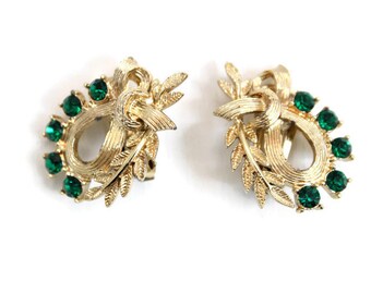 Green Rhinestone Clip-On Earrings, Vintage