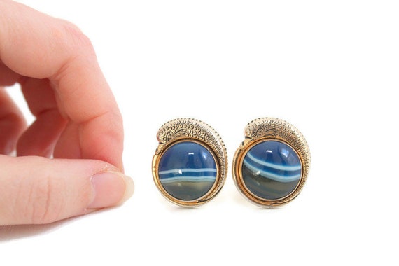 Fish & Blue Stone Cuff Links, Polished Stone, Gol… - image 3