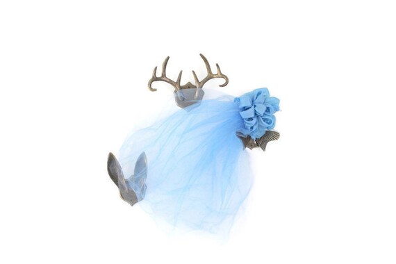 Blue Fascinator Headpiece Tulle Veil with Bead & … - image 2