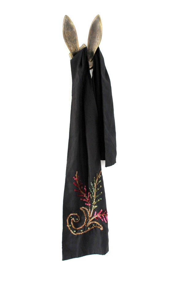 Black Scarf with Pink & Green Floral Sequin Accen… - image 2