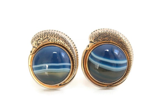 Fish & Blue Stone Cuff Links, Polished Stone, Gol… - image 1