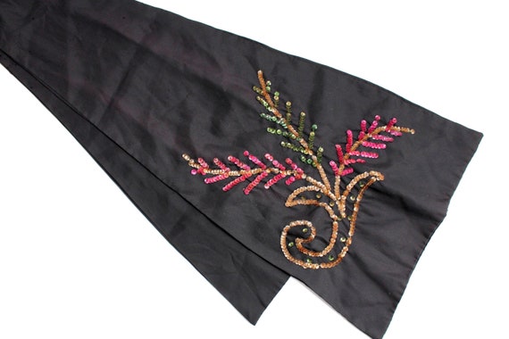 Black Scarf with Pink & Green Floral Sequin Accen… - image 1