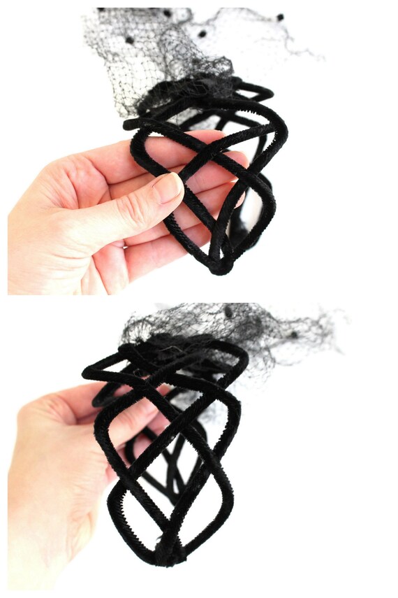 Black Velvet Fascinator Hat Headband with Netting… - image 6