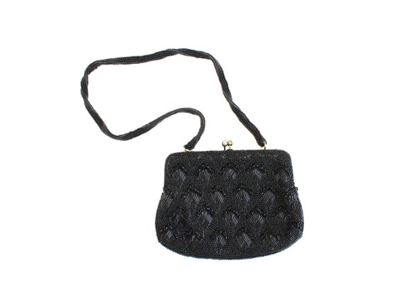 Vintage Black Beaded Purse, Black Purse, Beaded Pu