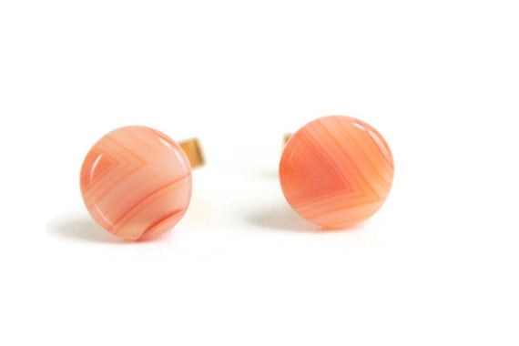 Orange Stone Cuff Links, Round Polished Stone, Vi… - image 3