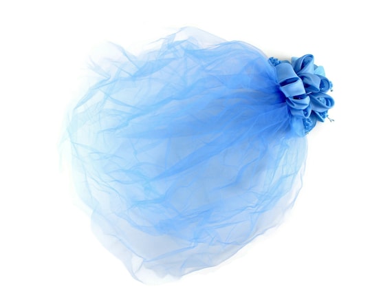 Blue Fascinator Headpiece Tulle Veil with Bead & … - image 1