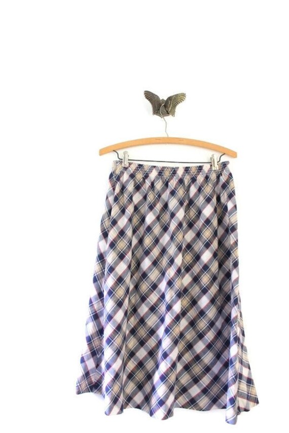 Navy Blue Plaid A-Line Midi Skirt, Vintage - image 4