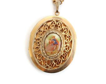 Gold Fragonard Locket Necklace with Ornate Frame, Vintage