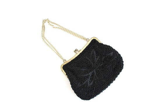 Vintage Black Beaded Purse, Black Purse, Beaded Pu