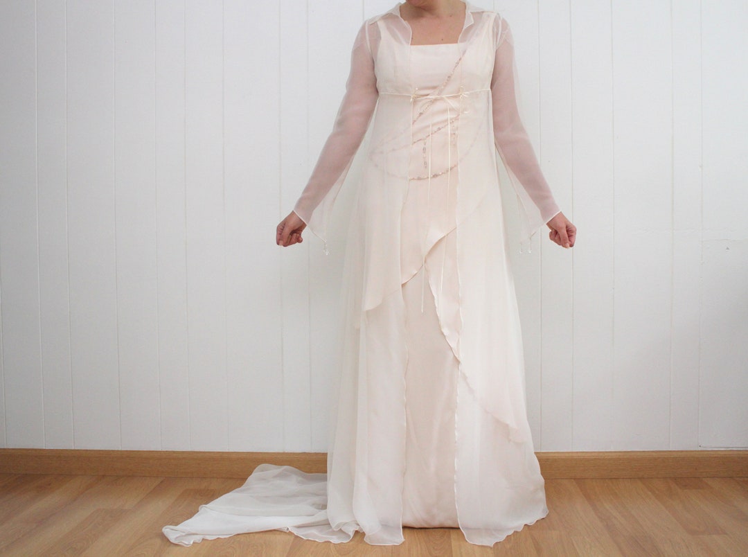 Beige Wedding Jacket With Train and Bustle, Sheer Dress Overlay ...