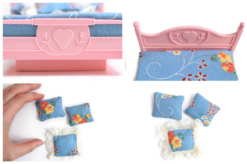 Pink Dollhouse Bed with Blue Floral Bedding, Plastic, 1:12, Vintage image 8