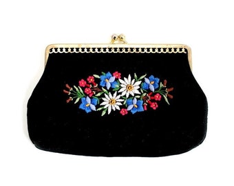 Black Makeup Bag or Coin Purse, Embroidered Floral, Vintage