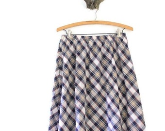 Navy Blue Plaid A-Line Midi Skirt, Vintage