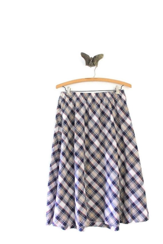 Navy Blue Plaid A-Line Midi Skirt, Vintage - image 1