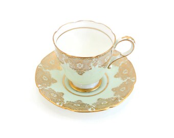 Paragon Mint Green & Gold Floral Demitasse Teacup Set, Vintage