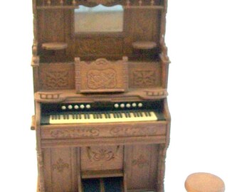 RESERVED for Sylvie - Vintage Piano, Miniature Piano, Dollhouse Piano, Plastic Upright Piano, Carved Detail, Matching Piano Stool, RARE!