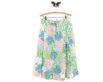 Floral Print Midi Skirt, Pink Green Blue, A-Line, Vintage