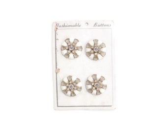 Set of 4 Silver & White Rhinestone Coat Buttons, New Vintage