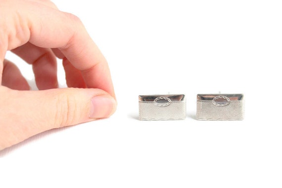Silver Etched Cuff Links, Rectangular, Vintage - image 2