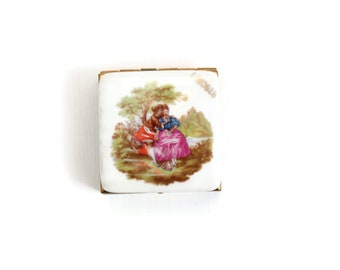 Limoges Fragonard Divided Pill Box or Case, Brass & Pink, Vintage