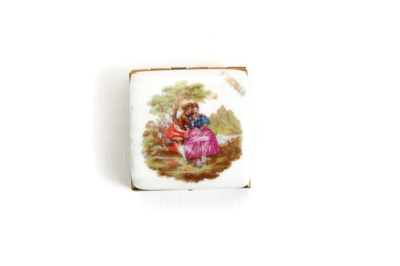 Limoges Fragonard Divided Pill Box or Case, Brass… - image 1