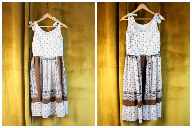 Brown & White Floral Dress with Shoulder Ties, Vintage image 2