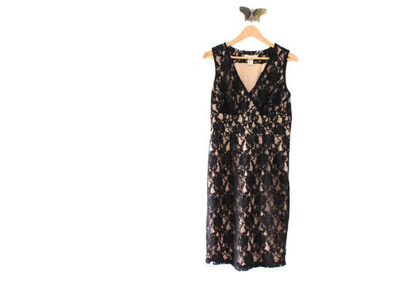 Vintage Black & Nude Lace Dress, Black Lace Dress,