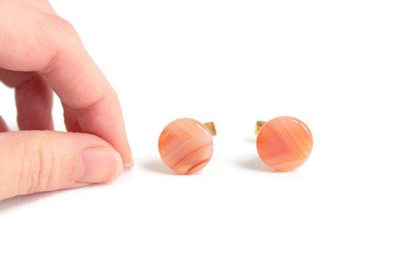 Orange Stone Cuff Links, Round Polished Stone, Vi… - image 2