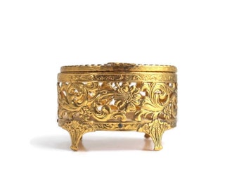 Glass & Brass Filigree Jewelry Casket or Box, Curio, Vintage