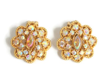 Gold Clip-On Earrings with Iridescent Rhinestones, Vintage