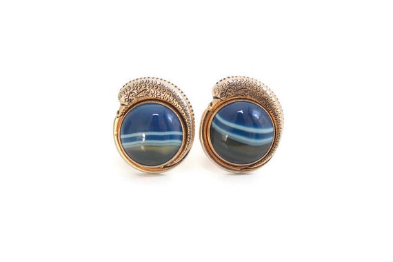 Fish & Blue Stone Cuff Links, Polished Stone, Gol… - image 2