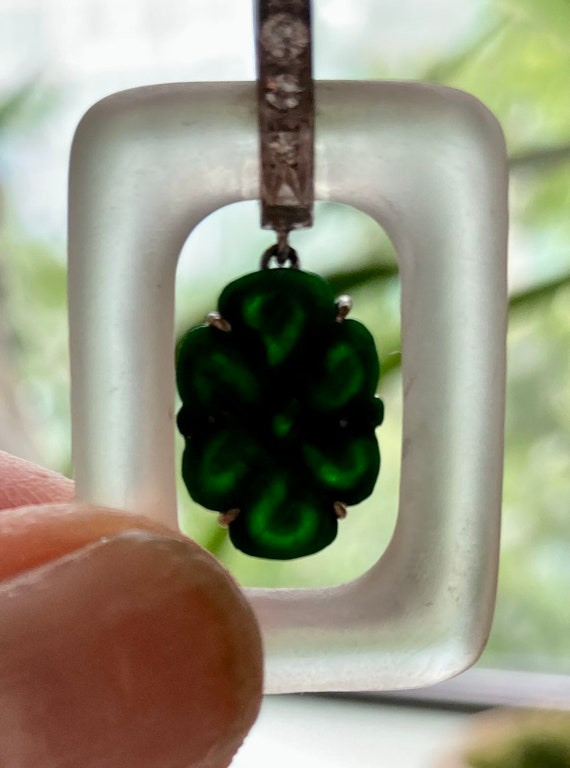 Carved Imperial Jade Pendant in Crystal Frame wit… - image 2