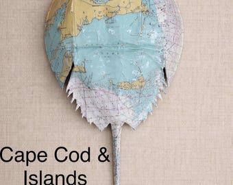 Horseshoe Crab Wall Art, Cape Cod Nautical Chart Art, Coastal Beach House Decor, Handmade Coastal Gift