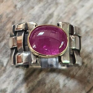 Natural Pink Ruby Basketweave Ring in 18k Yellow Gold and Sterling Silver - size 6.5 to 6.75