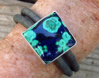 OOAK Boho Adjustable Blue Leather Cuff Bracelet with Arizona Morenci Azurite Malachite and Sterling Silver