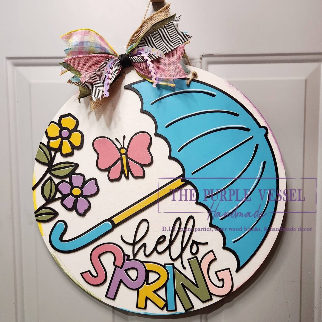 Hello Spring Door Hanger, Flower, Easter Decor, Umbrella, Ribbon Bow ...