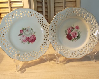 Set of 2 Round RETICULATED / DECORATIVE PLATES - Collectible China Formalities by Baum Brothers, Floral - Reticulated & Embossed Wall Decor
