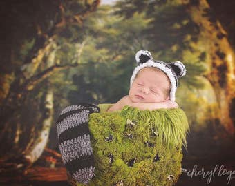 Newborn Raccoon bonnet set Photography prop, baby animal outfit, woodland baby bonnet, racoon costume.