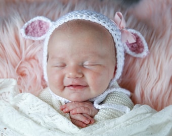 Baby lamb bonnet photography prop. Crochet baby lamb handmade bonnet. Newborn lamb bonnet with a bow.  Baby Easter bonnet. Baby Easter gift.