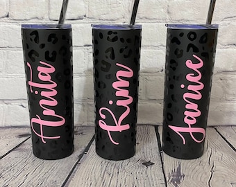 Matte Black Leopard Tumbler | Skinny Tumbler | Stainless Steel Tumbler | Personalized Tumbler | 20 oz Tumbler | Tumbler with lid and straw