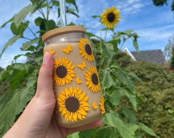 Sunflower Cup, 16oz Glass Cup, Sunflower Glass, Beer Glass Cans, Sunflower Beer Glass, Libbey Glass Coffee