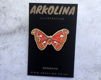 Moth Pin - Cottagecore Pin -  Wooden Pin - Attacus Atlas Moth - Eco Friendly Aesthetic Pin - Cottagecore Style - Insect Pin - Dark Academia