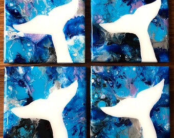 Whale Tail, Hand Painted Coasters, Set of 4, Acrylic Fluid Art