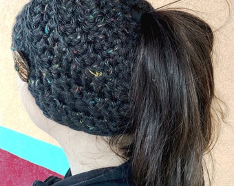 Messy bun hat, ponytail beanie, coconut button hat, dark gray hat, ponytail hat, winter hat, crochet beanie