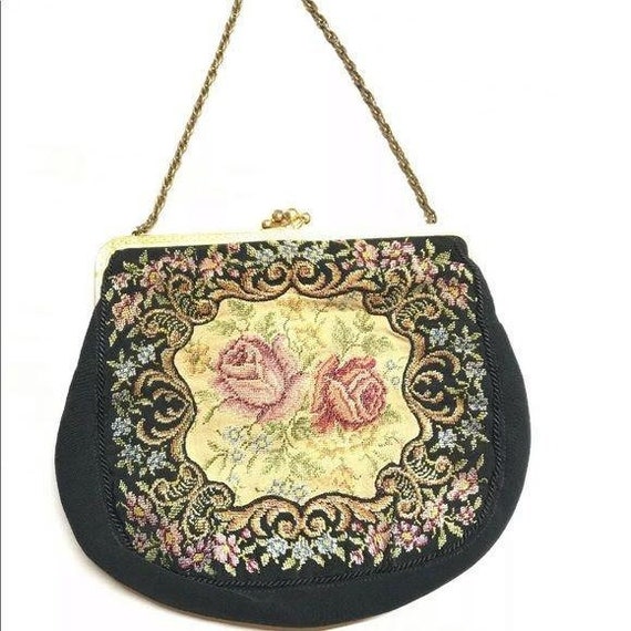 Antique Needlepoint embroidery floral black clutch