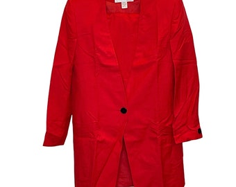 May include: A red blazer with a single button closure and a long, flowing silhouette. The blazer is made of a smooth, silky fabric and has a classic, tailored look.