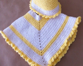 Crochet Poncho, children poncho, white poncho, yellow poncho, crochet hat, poncho and hat set, white, children accessories, photo prop, gift