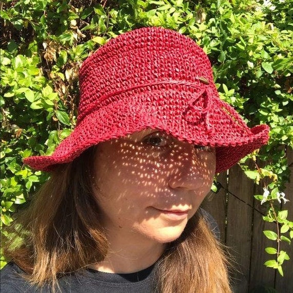 Scala Vintage Summer Hat Red Paper Straw Crochet - image 8