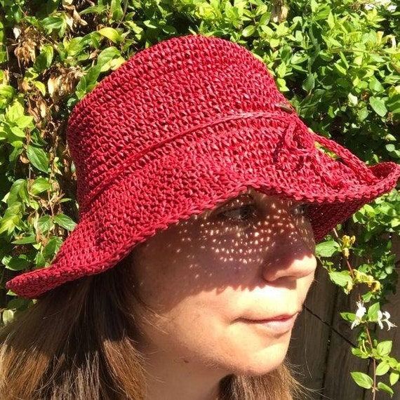 Scala Vintage Summer Hat Red Paper Straw Crochet - image 9